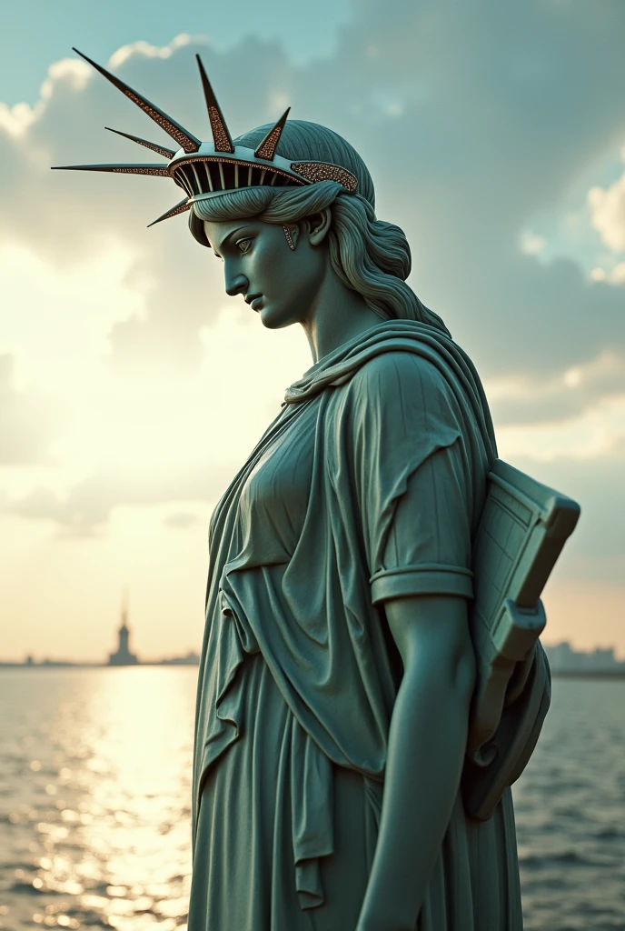 Statue of Liberty bow his head like merry with pieces of diamond on it