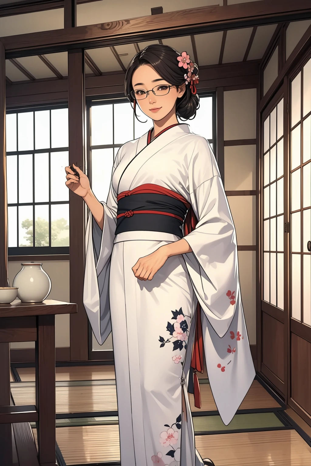 1 girl, white silver long hair, wearing round glasses, wearing white with flower pattern kimono, standing inside japanese traditional house, smile, holding samurai,