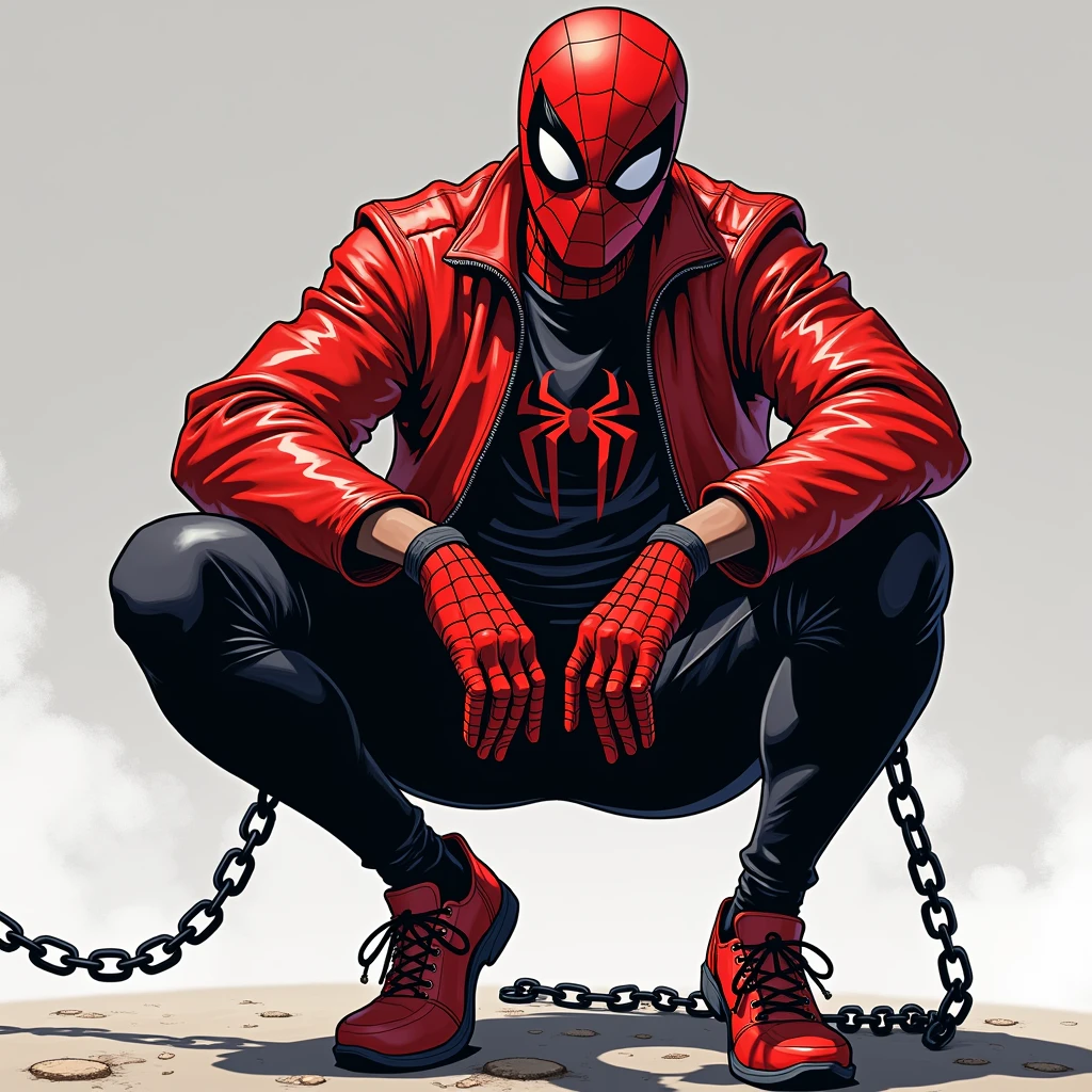 spider - man in a red jacket and black pants with a chain, concept art, a comic book panel, by Ric Estrada, miles morales!!!, official concept art, spider - verse art style, miles morales, donald glover as miles morales.3D. 3 head body