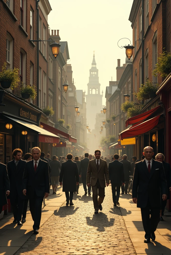 the overall picture is a movie transition，It describes，December 1987，A clear afternoon，In a small alley in London，The flow of people