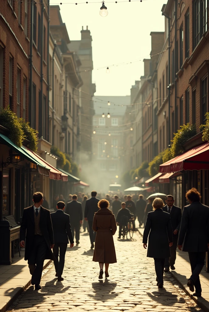 the overall picture is a movie transition，It describes，December 1987，A clear afternoon，In a small alley in London，The flow of people