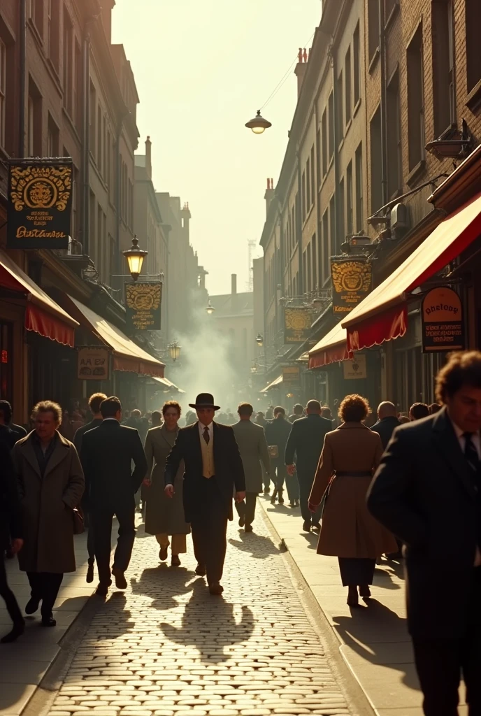 the overall picture is a movie transition，It describes，December 1987，A clear afternoon，In a small alley in London，The flow of people