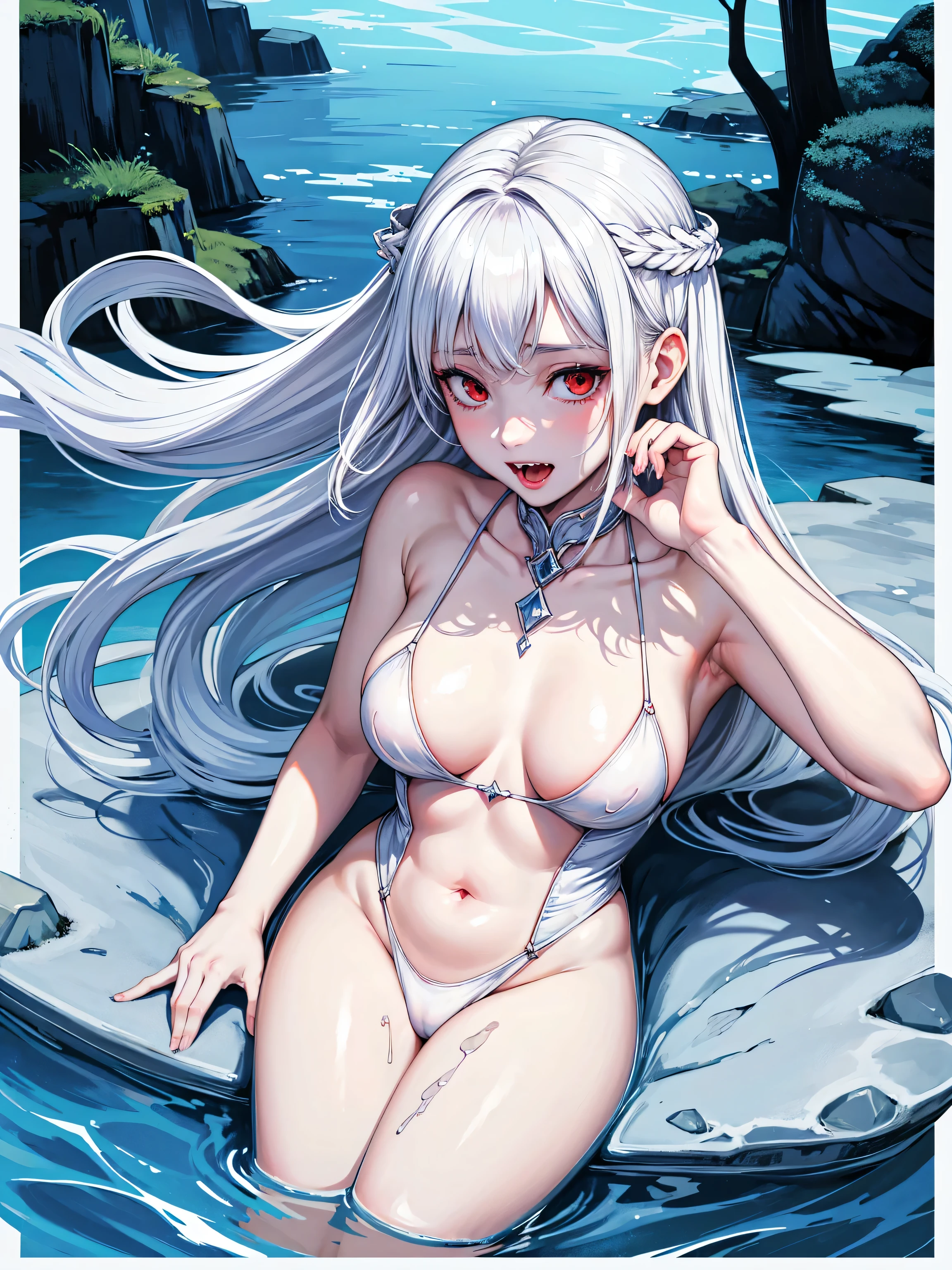 (Name: Anastasya Hermious), clearly White colored Skin Pale Skin, White Hair, On the surface of the water, Fangs, Red Eyes, 30 Year-old, Her clothes are made of seaweed