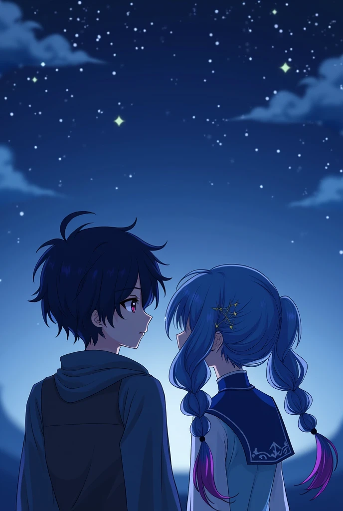 Man and woman couple, couple, walking under the stars, at night, a little stuck, 1 girl, Genshin Impact Layla, twin curly ponytail, two color hair, colored edge hair, star decoration for your hair, blue hair, with black outline, closed eyes, 1 chico, Genshin Impact Scaramouche, dark blue hair with a hint of violet, hime haircut, bowl haircut, close up