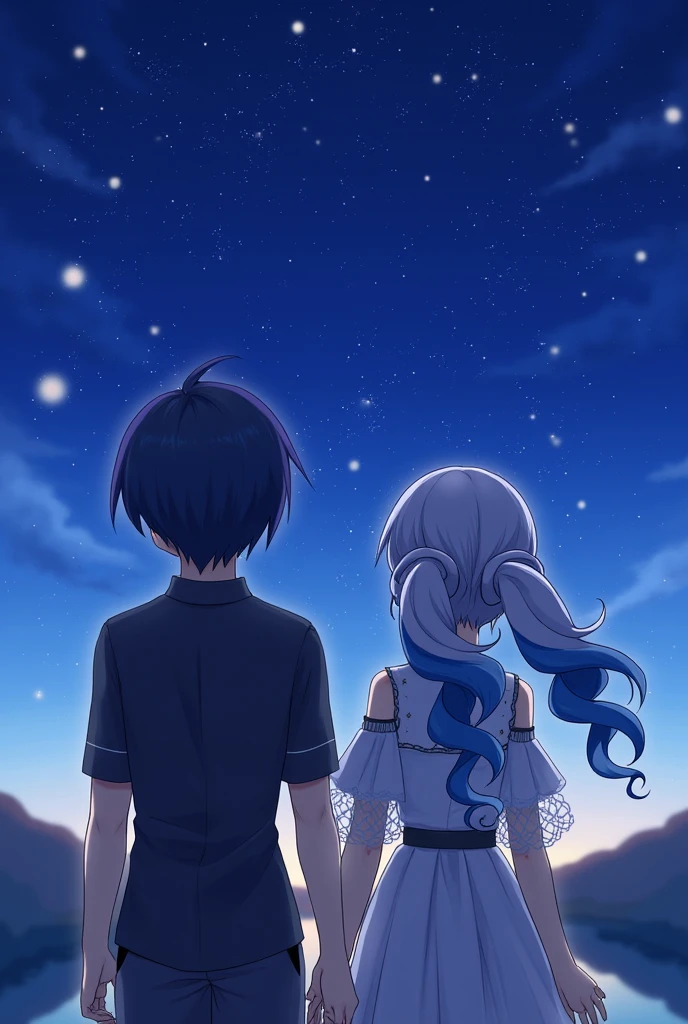 Man and woman couple, couple, walking under the stars, at night, a little stuck, 1 girl, Genshin Impact Layla, twin curly ponytail, two color hair, colored edge hair, star decoration for your hair, blue hair, with black outline, closed eyes, 1 chico, Genshin Impact Scaramouche, dark blue hair with a hint of violet, hime haircut, bowl haircut, close up