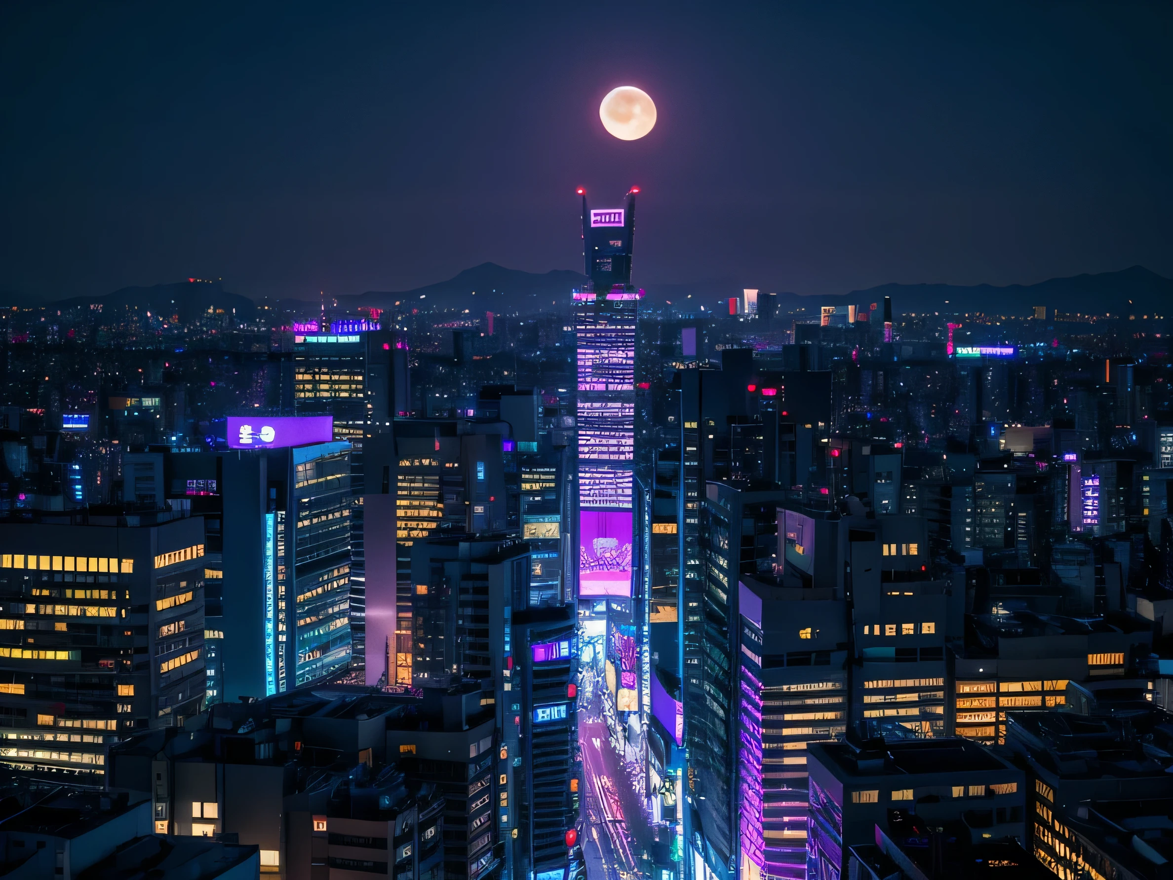 Purple neon lights,TOKYO,Low Buildings,Big Moon,Ruined City,A world with no one,Quiet town