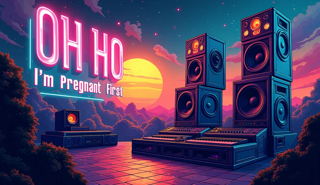 poster with large speakers and musical equipment in the background, neon blue color scheme, big text "Oh ho I'm pregnant first" in the top left corner, large sound waves coming from speakers, black white yellow green orange purple pink red palette, in the style of photorealistic, in the style of hyper realistic. 30locent disco", background of huge speakers, keyboard and audio equipment in the foreground, neon lights, vector graphics, bright colors, neon blue light effect, musical theme, logo for DJ club "Girlz tasting techno". Vector illustration. A poster with a big sound system, dj music festival flyer or party flyer template design, in the style of ultra realistic photography