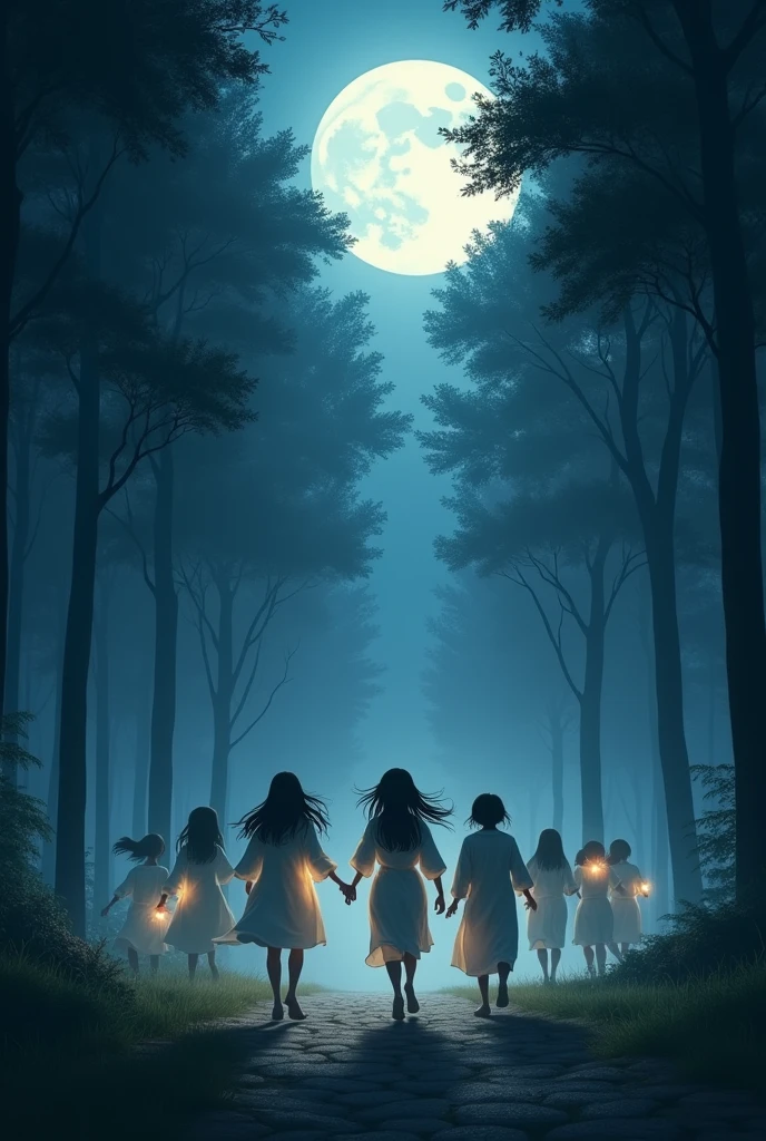 Its night in the forrest and the light of moon hiding in the woods, with tall trees, the photo has a wide range of scope from the scenery, a group of girls wearing traditional night gown running excitedly with their lights chasing each other, the shot looks like really far from them, as if they looks like small object, it looks quiet and magical