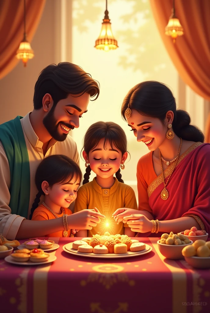On the festival of Raksha Bandhan, sweets and Rakhis (shiny threads) are kept on the table, happy family(brother, sister, parent)