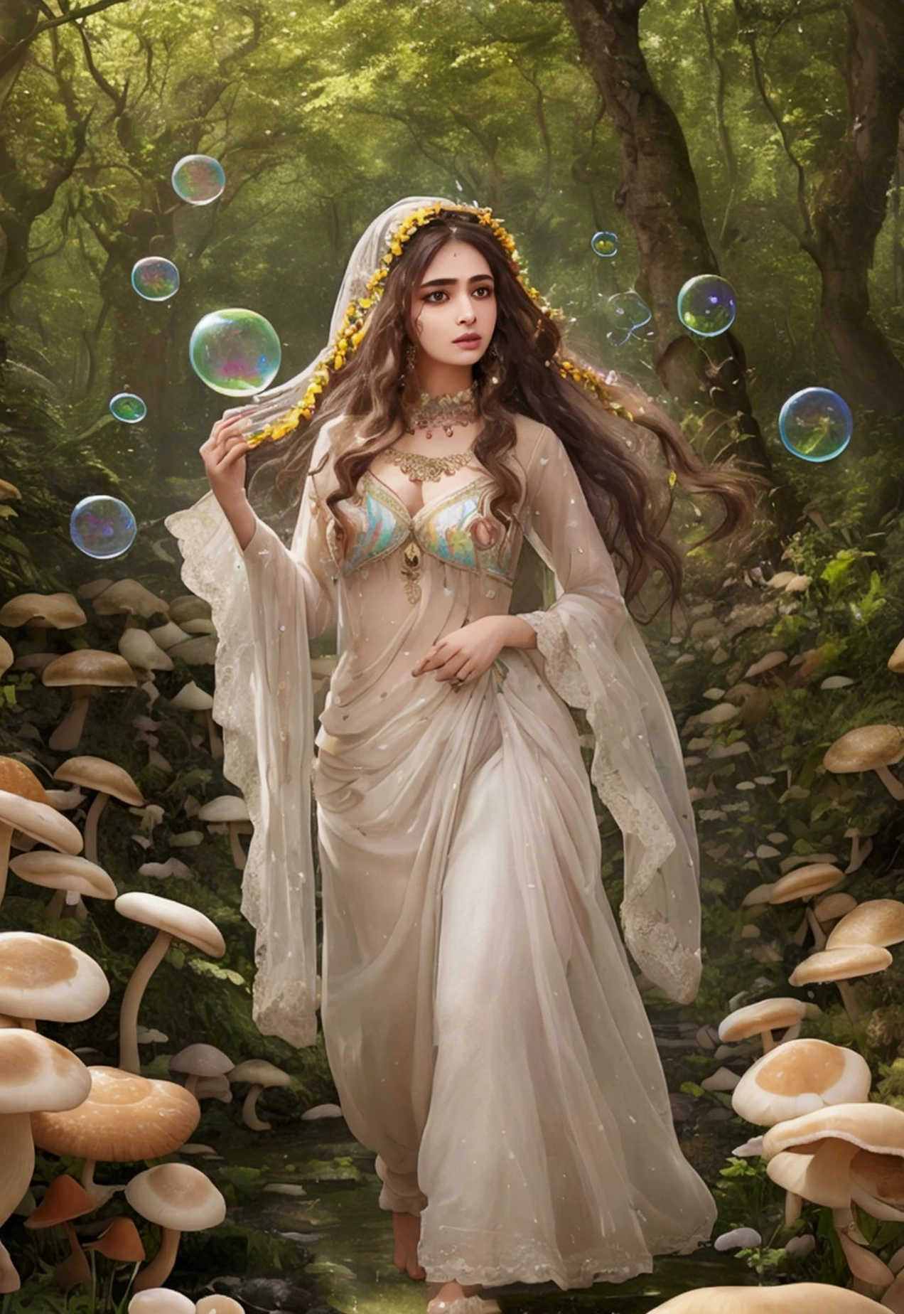 Nahida (masterpiece), (Highest quality), (Super detailed),(Disheveled Hair),(figure), (One person), Beautiful fine details,Delicate and beautiful face,floating,(High saturation),(Colorful splashes),Colorful Bubbles,(The Shining),Focus on the face, Walking through a forest lush with colorful mushrooms