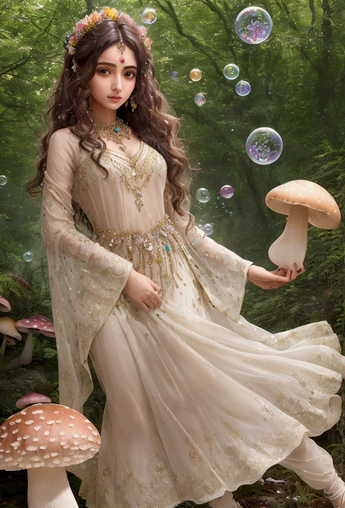 Nahida (masterpiece), (Highest quality), (Super detailed),(Disheveled Hair),(figure), (One person), Beautiful fine details,Delicate and beautiful face,floating,(High saturation),(Colorful splashes),Colorful Bubbles,(The Shining),Focus on the face, Walking through a forest lush with colorful mushrooms