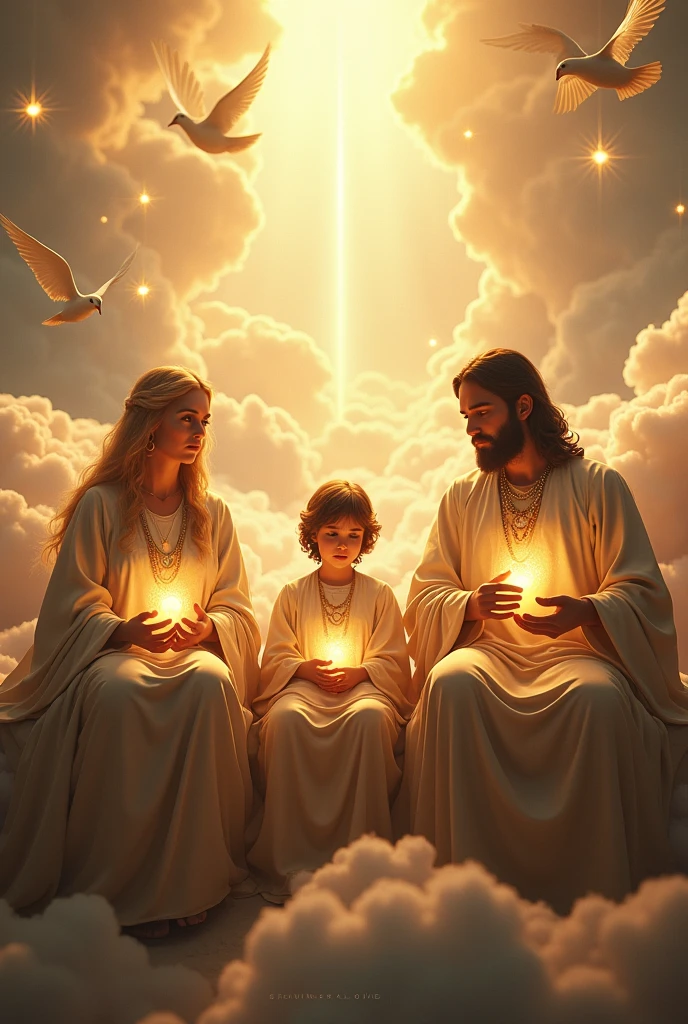 (photorealism:1.2), beautiful virgin Mary, handsome Jesus Christ and handsome 7 years old teen Jesus, sitting in the throne each of them in the kingdom of god that full of clouds, the light of their crowns and hearts spreading all over, wearing the gold color of a king, queen and prince, the crown of lights, real beautiful faces, real nice hair, real face, heaven outdoors that full of clouds, brighter lighting, five fingers, clouds and many doves in the background, elegant clothes, stars and sunlight, beautiful heaven of paradise, relaxed pose, realistic, intricate details, bright and warm colors,