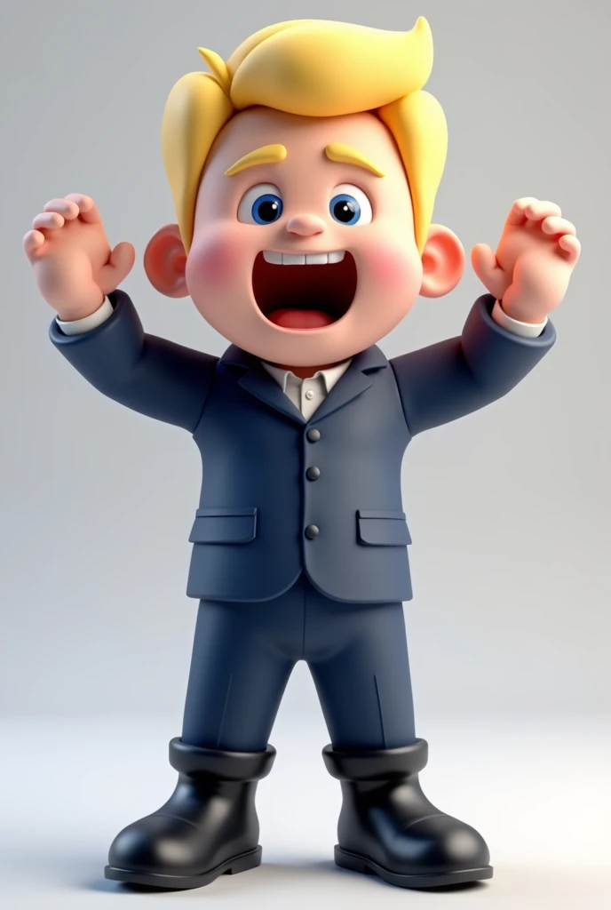 Create a super excited 3D mascot   , I want a male character with short blond hair   wearing a dark blue uniform and dark blue pants too without a logo and no details with black boots in full HD image , 
