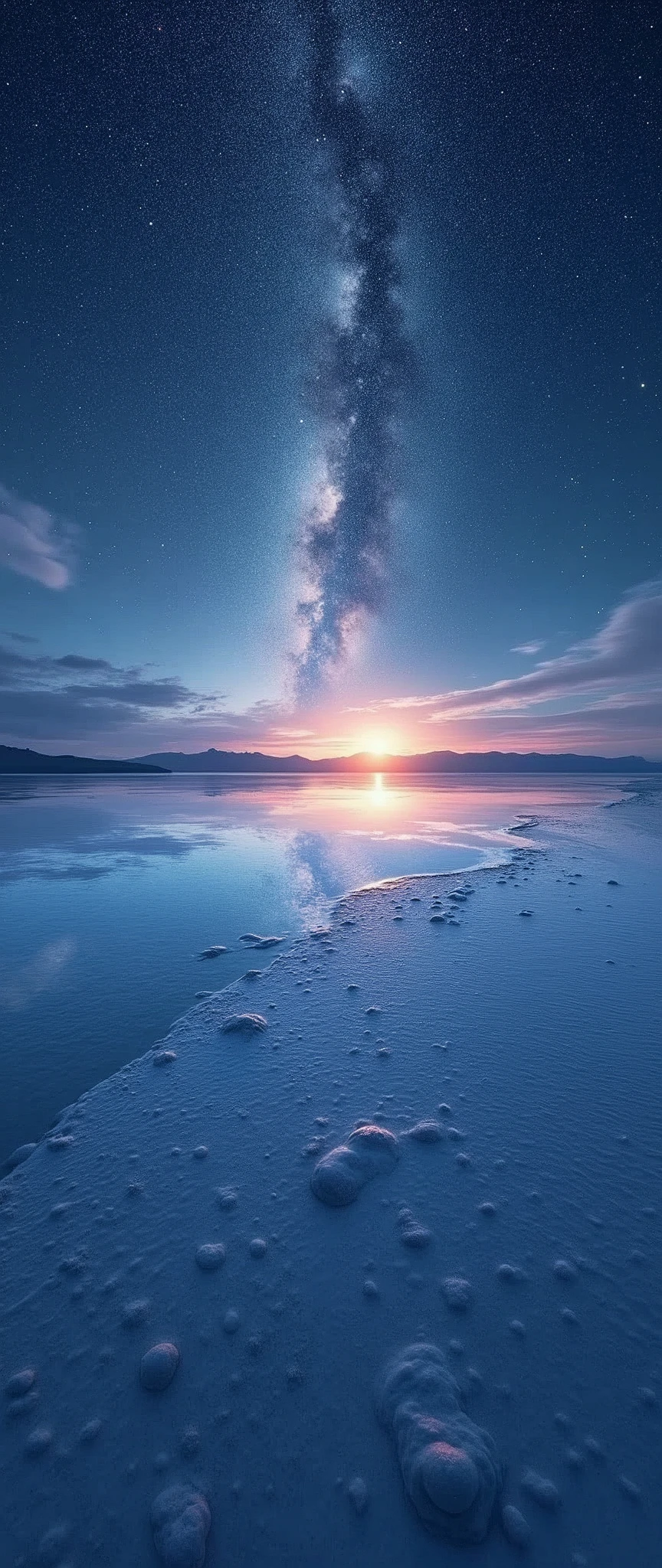(masterpiece:1.2,Highest quality,Ultra-high resolution,Very detailed,Realistic,RAW Photos:1.2,Elaborate photos),8k,wallpaper,(Ray Tracing),Bolivia,Uyuni salt lake,The flattest place in the world,(A majestic salt lake,Drawing a beautiful and endless water surface,Diffuse reflection of light),(A photograph capturing the magnificent scenery reflected on the water's surface:2.0),night,(starry skies:2.0)