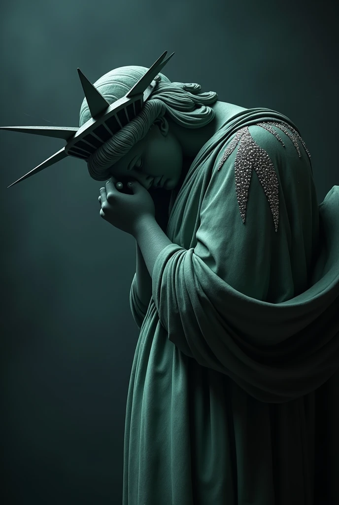 Statue of Liberty bow his head like merry with pieces of diamond on it
Add diamond on it