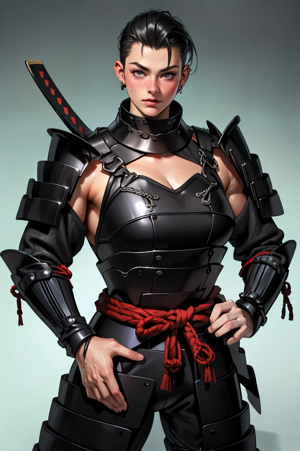 (high resolution, pixel perfect, gorgeous illustrations), (hyper quality, muste piece, etheric: 1.4), ((nsfw)), (((cowboy shot))), face focus, ((solo)), (((Androgynous, boyish))), (((((punk))))), hot Rocker punk girl, ((((hand on hip, open stance)))), cool atmosphere, black hair, ((((very_short_hair, slicked_back_hair)))), ((((piercing)))), eyelid_piercing, nose_piercing, (((Exquisite face, aroused))), blush, tattoo, (((((((muscular_female))))))), (thick thighs, wide hips, Big breasts that are about to burst), fighter, (((samurai_armor))), (((naked armor))), sweat, shiny skin, gleaming skin, simple background,