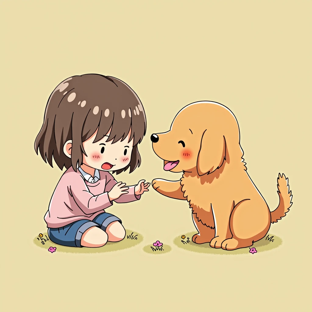 prompt: "Cute girl and golden retriever playing together、Create beautiful anime style illustrations。"

ネガティブprompt: "Cute golden retrievers playing together、Do not create images that have an eerie atmosphere.。"

