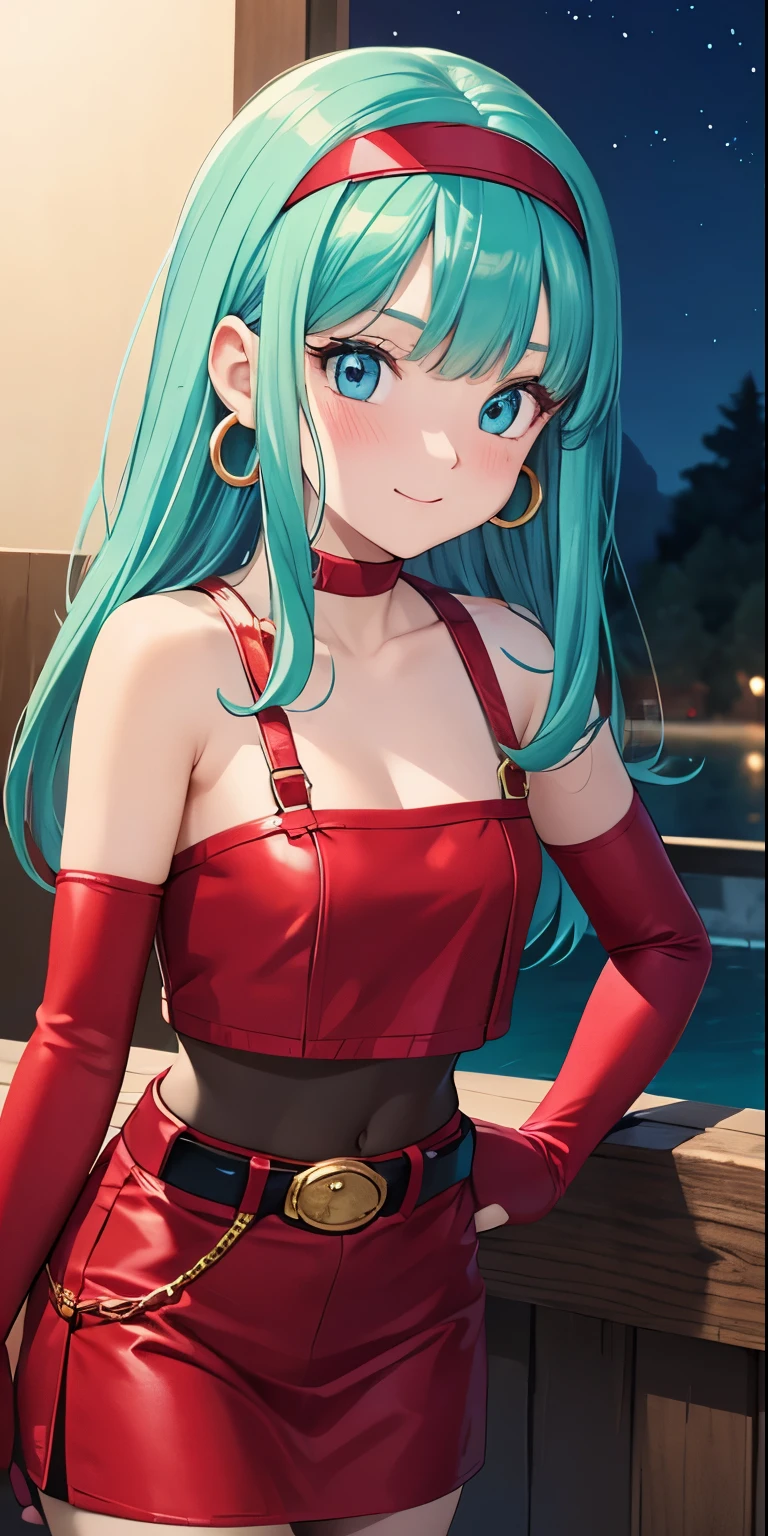 1 Female,High definition,high resolution,Ultra-realistic,8K, 8K, Bulla, Dragon Ball,
long hair, aqua hairbangs, collarbonebridal gauntlets, eyelashes, hoop earrings, eyebrows,miniskirt,hairband, red hairband, earrings, blue eyes,elbow gloves, red gloves, fingerless gloves, crop top, red topwear, midriff, yellow belt, skirt, red skir,European,sexy,Upper body close-up,Photographed from the front,Dynamic Angles,(blush), big tits , happy, wink the eye,facial, sweat,multicolored hair , outdoors, moonlight, night ,(red dress),nipples