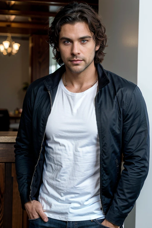 38 year-old Male, white male, tanned skin, handsome, black hair, and stubble beard, deep blue eyes, muscular body and thin, wearing a jacket and t-shirt and jeans, straight nose, oval face, canadian, his hair is below his ears, tousled messy hair badass, he is with girlfriend, the woman wears a nice dress and has curly hair