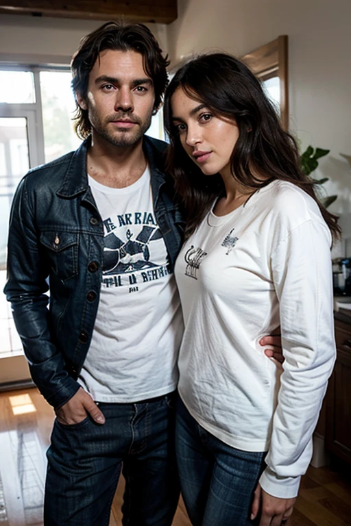 38 year-old Male, white male, tanned skin, handsome, black hair, and stubble beard, deep blue eyes, muscular body and thin, wearing a jacket and t-shirt and jeans, straight nose, oval face, canadian, his hair is below his ears, tousled messy hair badass, he is with girlfriend, the woman wears a nice dress and has curly hair