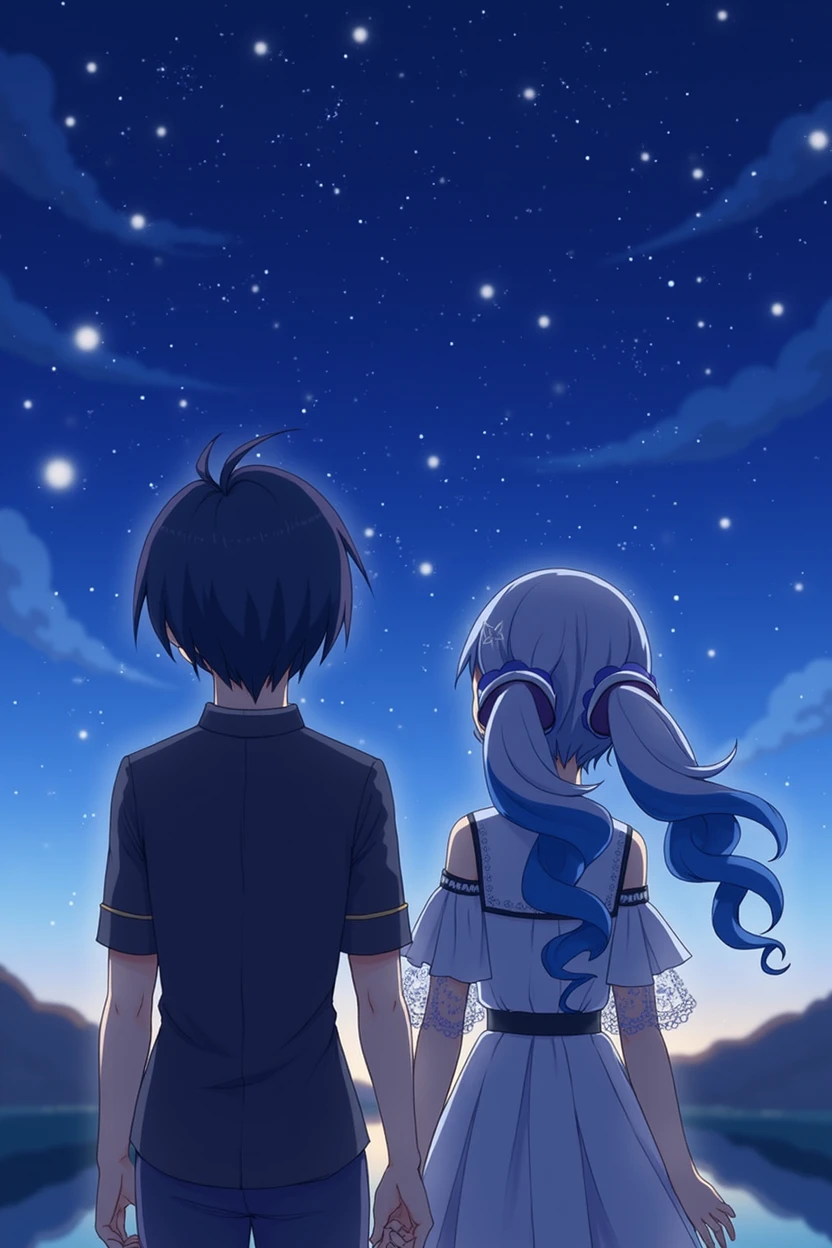 Man and woman couple, couple, walking under the stars, at night, a little stuck, 1 girl, Genshin Impact Layla, twin curly ponytail, two color hair, colored edge hair, star decoration for your hair, blue hair, with black outline, closed eyes, 1 chico, Genshin Impact Scaramouche, dark blue hair with a hint of violet, hime haircut, bowl haircut, close up