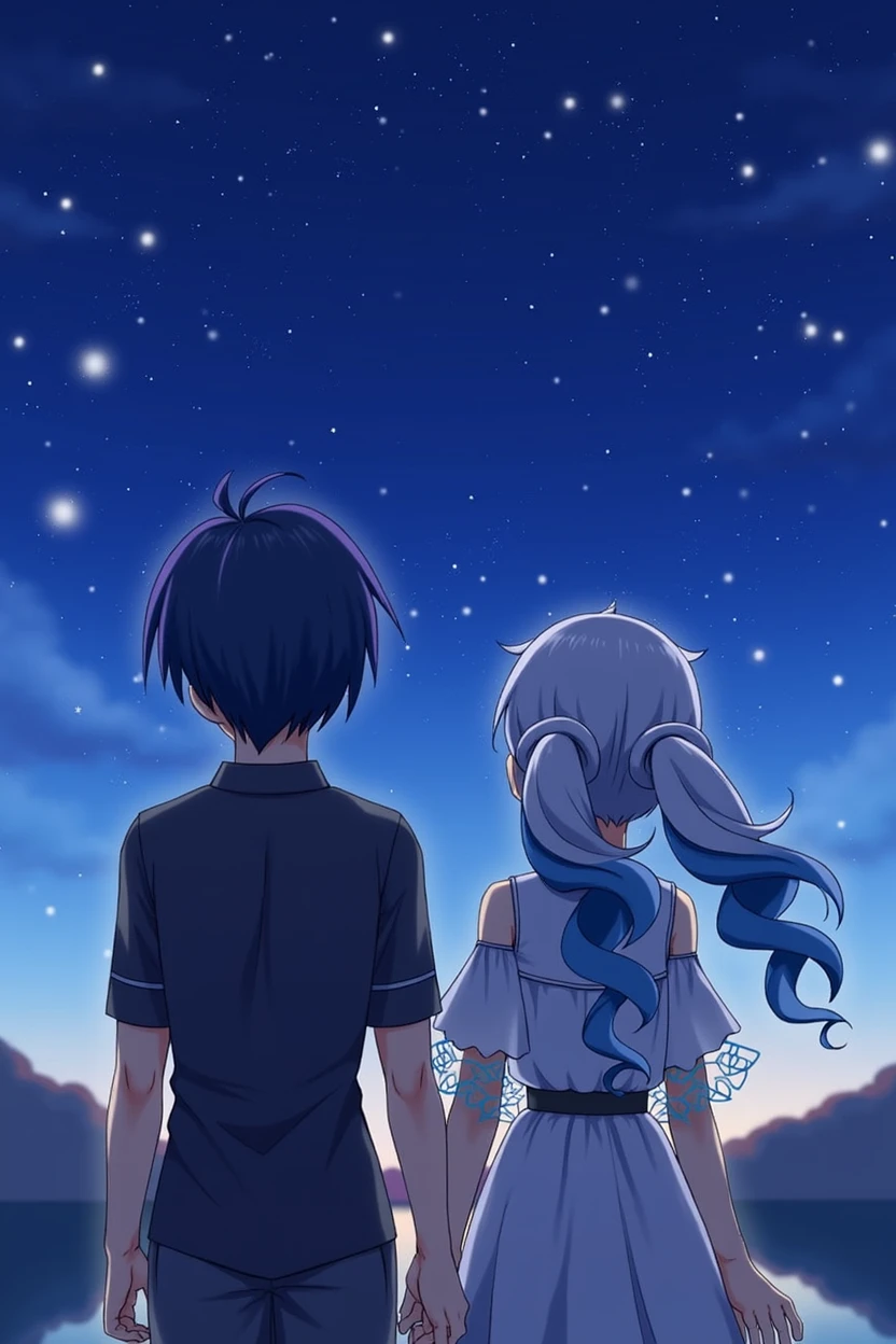 Man and woman couple, couple, walking under the stars, at night, a little stuck, 1 girl, Genshin Impact Layla, twin curly ponytail, two color hair, colored edge hair, star decoration for your hair, blue hair, with black outline, closed eyes, 1 chico, Genshin Impact Scaramouche, dark blue hair with a hint of violet, hime haircut, bowl haircut, close up