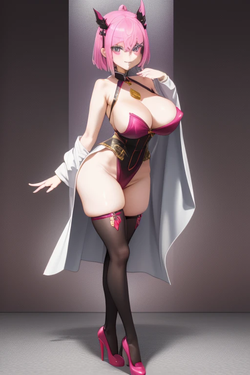 Beautiful solo woman、Cosplay、Ornament on the head、Grin、{Hitchhiking、whole body、Standing posture}、Very large breasts、{Expose the neck、Exposed shoulders}、{{{{Pink nipple covers、Colorful high-leg retards、Unbelievable outfit、Shiny black stockings、High heels}}}}