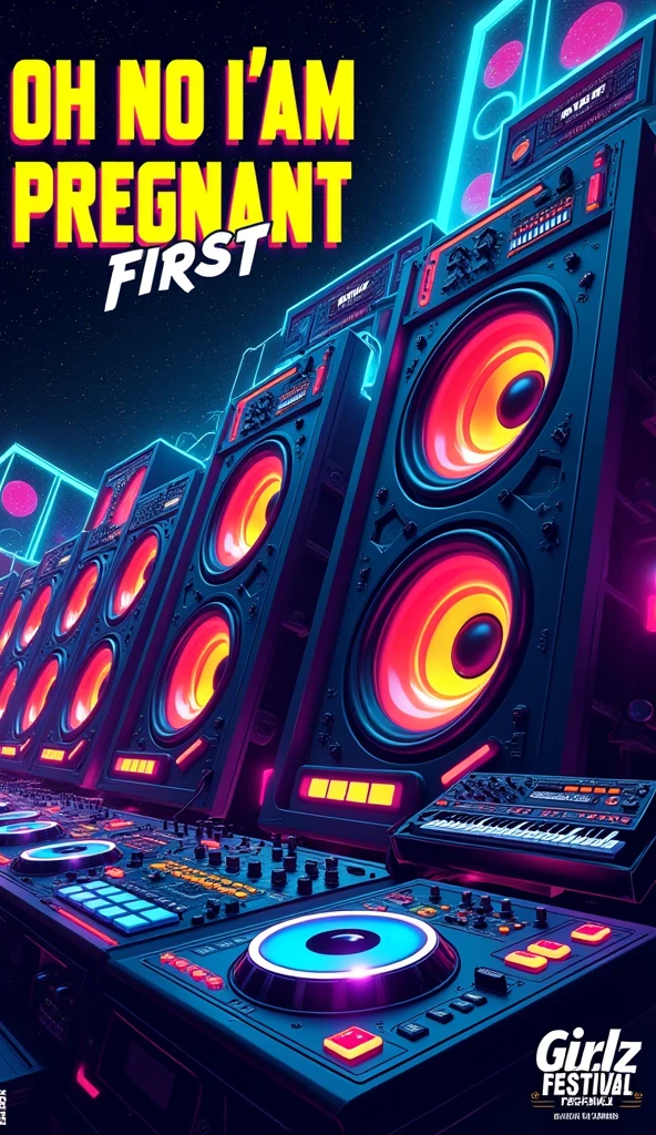 poster with large speakers and musical equipment in the background, neon blue color scheme, big text "OH NO I'AM PREGNANT FIRST" in the top left corner, large sound waves coming from speakers, black white yellow green orange purple pink red palette, in the style of photorealistic, in the style of hyper realistic. 30locent disco", background of huge speakers, keyboard and audio equipment in the foreground, neon lights, vector graphics, bright colors, neon blue light effect, musical theme, logo for DJ club "Girlz tasting techno". Vector illustration. A poster with a big sound system, dj music festival flyer or party flyer template design, in the style of ultra realistic photography