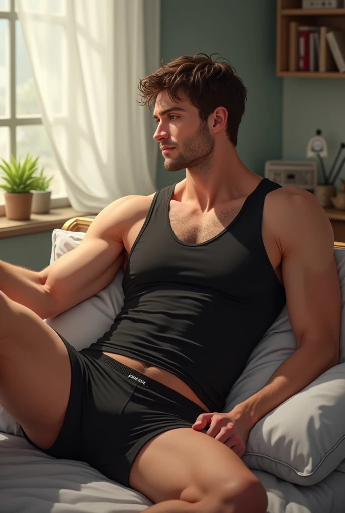 A man in black trunk underwear in bed room and were black tank top under vest in day full lights