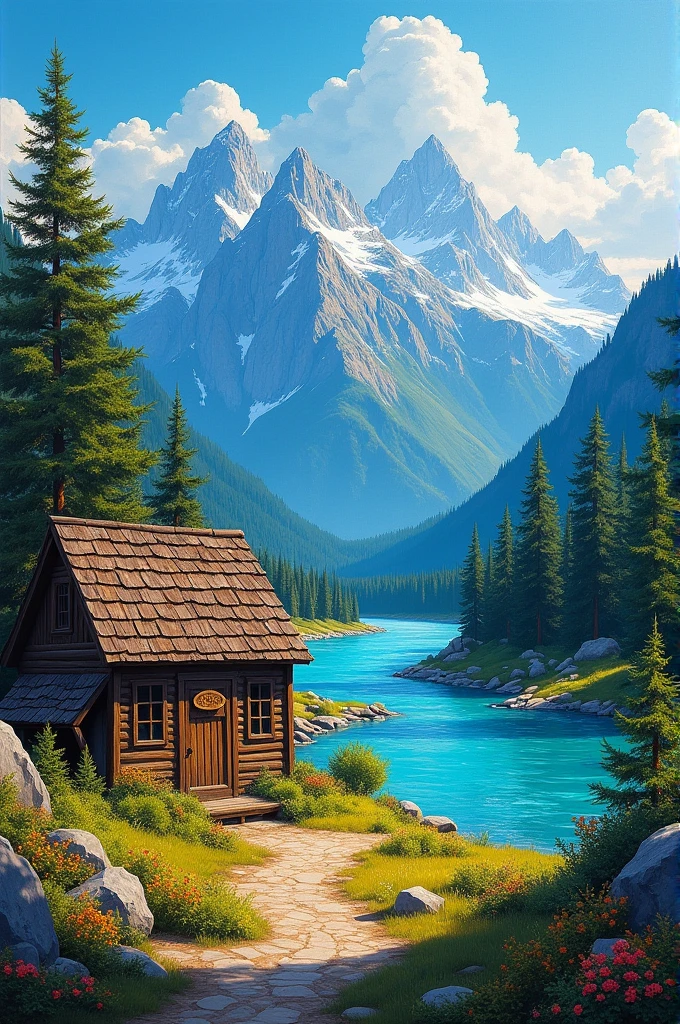 Canvas acrylics painting with river, hut, trees and mountains