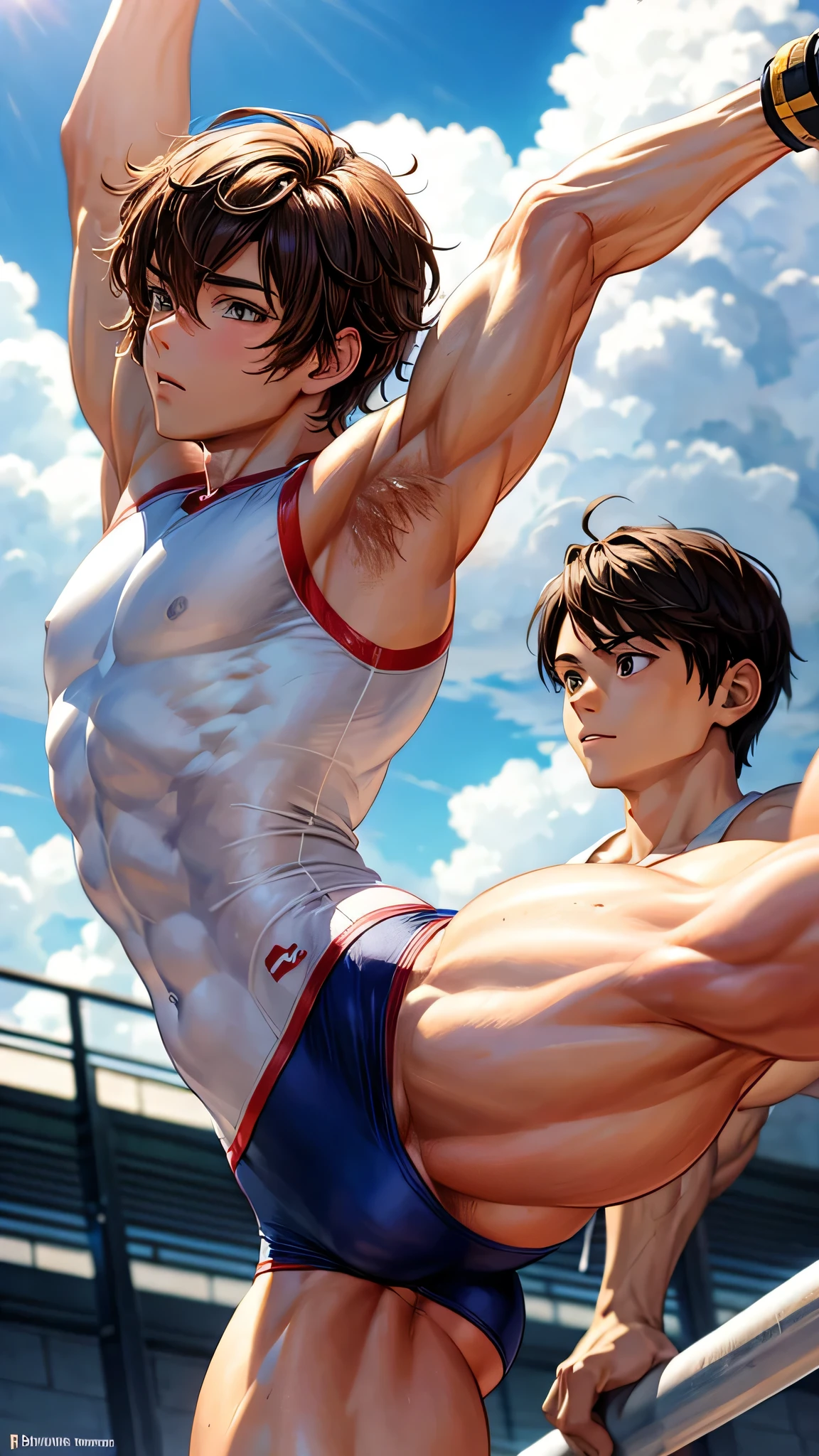 Anime guy gymnast Muscular With brown hair