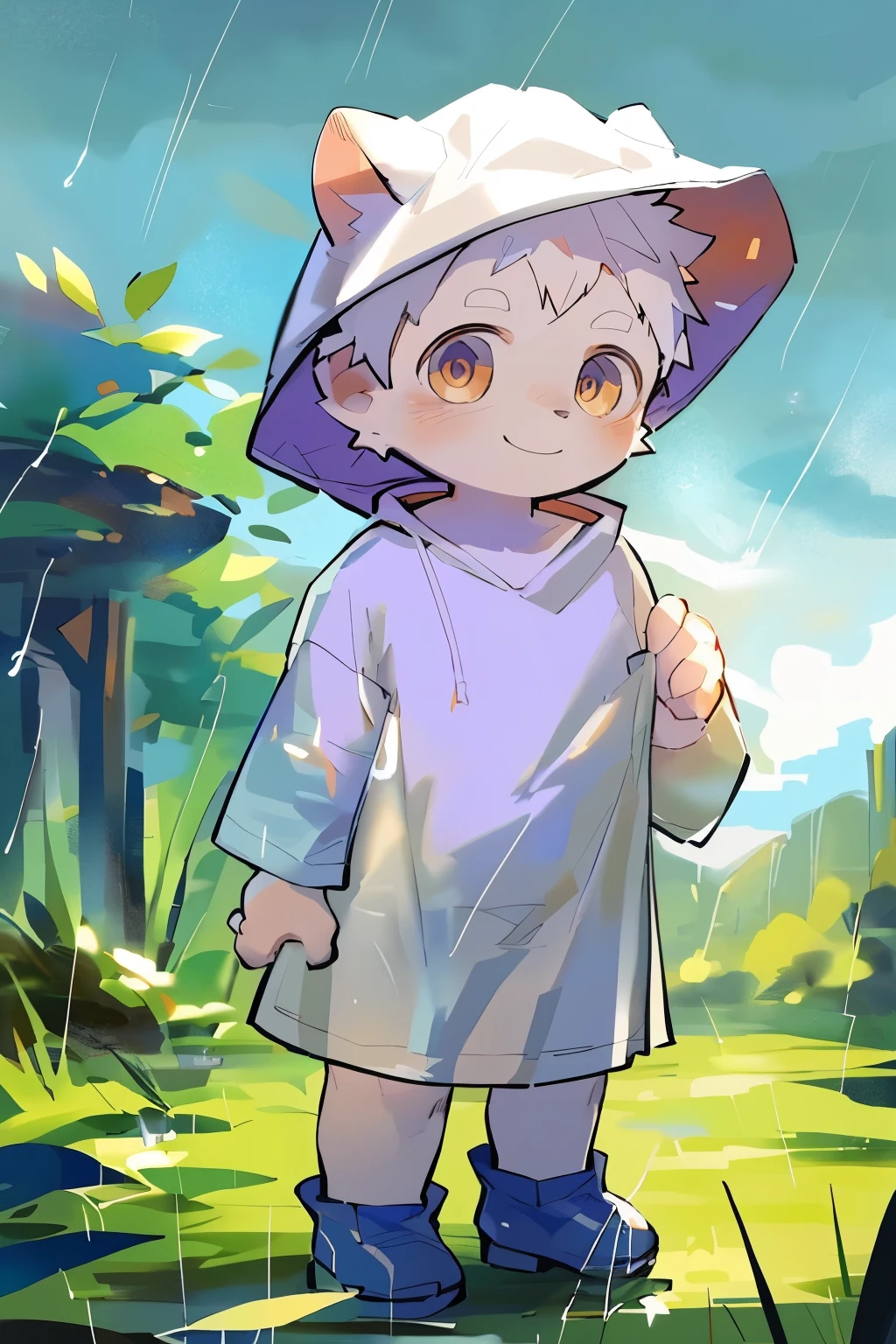 masterpiece, best quality, Perfect anatomical structure, Bright Eyes, Big watery eyes, From milkytiger1145, author:K0BIT0WANI,幼儿园boy, 吉祥物boy, 身高较矮的boy, best quality, high resolution, Extremely detailed,Realistic Tips, , (Wearing a nude, loose, semi-transparent hooded raincoat), rain, Rain boots,Standing,Smile, external, close up,((Boy,shota)),boy,Pino Deheny, Carney announced, milkytiger1145,