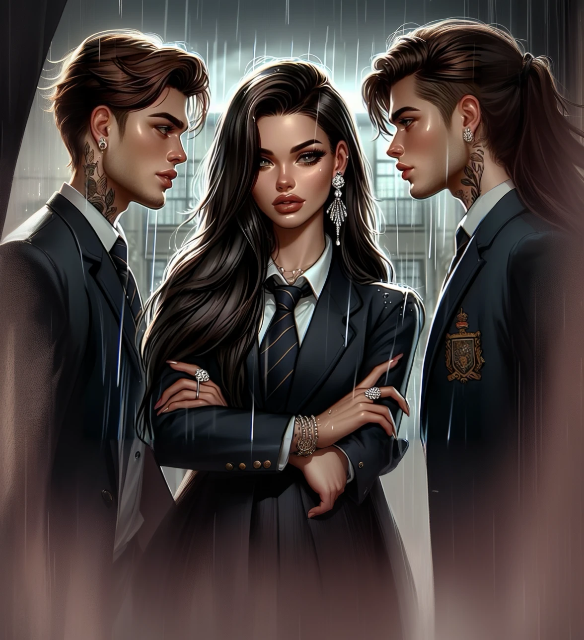 there are three people standing in the rain with one woman wearing a suit, style of charlie bowater, in style of charlie bowater, in the art style of bowater, neoartcore and charlie bowater, charlie bowater and tom bagshaw, charlie bowater and artgeem, charlie bowater art style, edmund blair and charlie bowater, highschool background