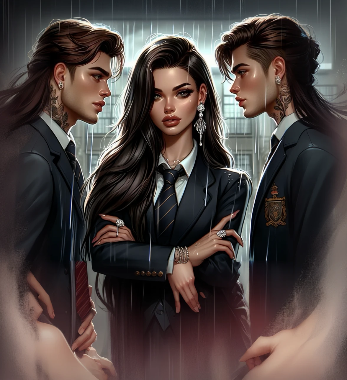 there are three people standing in the rain with one woman wearing a suit, style of charlie bowater, in style of charlie bowater, in the art style of bowater, neoartcore and charlie bowater, charlie bowater and tom bagshaw, charlie bowater and artgeem, charlie bowater art style, edmund blair and charlie bowater, highschool background