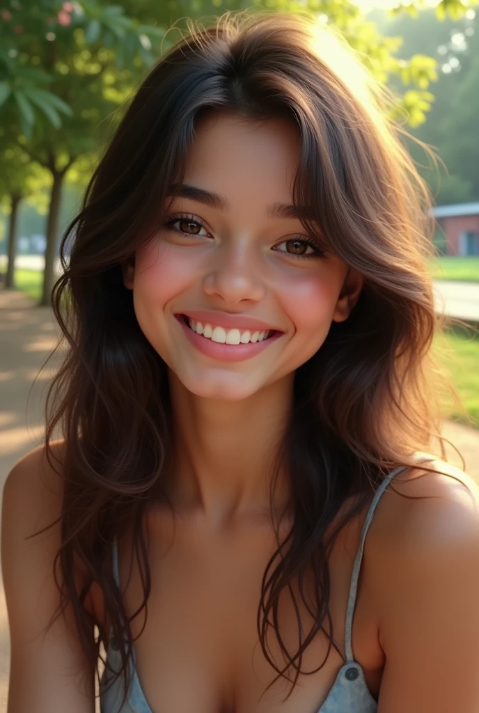 Nsfw, top quality, Photos in RAW format, realistic face, incredibly beautiful girl, Create a highly realistic image of a 21-year-old Indian-origin girl with a cute and charming appearance. She should have a natural, warm, and friendly smile, a round face with soft, smooth skin, and large, expressive brown eyes. Her eyebrows are naturally thick and arched, complementing her small, delicate nose and full lips. Her long, dark brown hair is slightly wavy, parted in the middle, with some strands casually falling over her forehead. Her complexion is light, with a subtle blush on her cheeks. She is wearing nothing her breasts are 36D
The image should be set in a serene park during daylight, with soft sunlight filtering through the trees, a bench nearby, greenery, and flowers. The overall appearance should be of a real-life young woman, with natural lighting, textures, and lifelike features, not a cartoon or stylized illustration. The expression on her face should reflect youthfulness, joy, and authenticity.