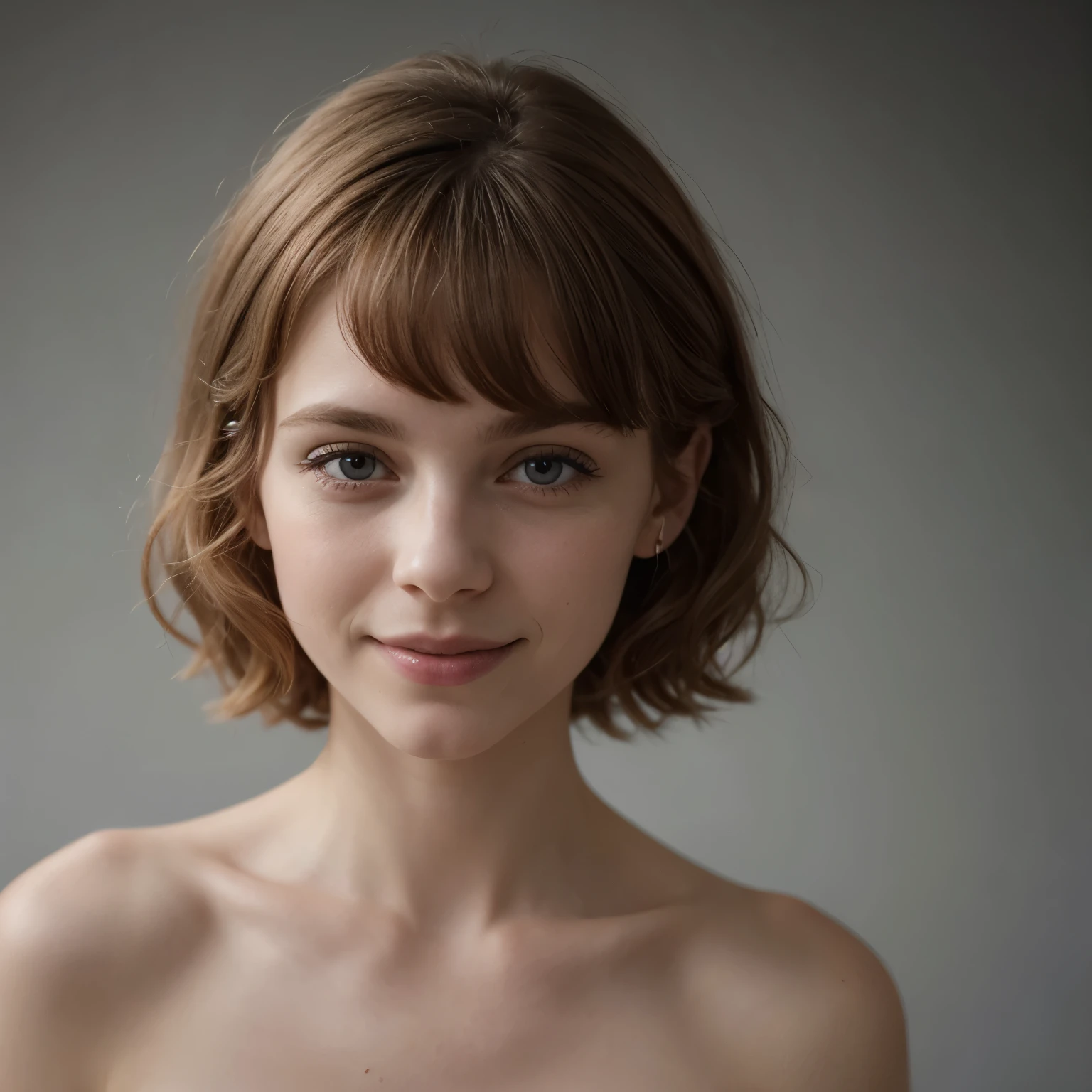 Sophie Lillis, adulte mince , Portrait Pose, cheveux longs et raides, qualité de la photographie, Sourire, clivage, nue sous une longue robe en laine grise en maille transparente