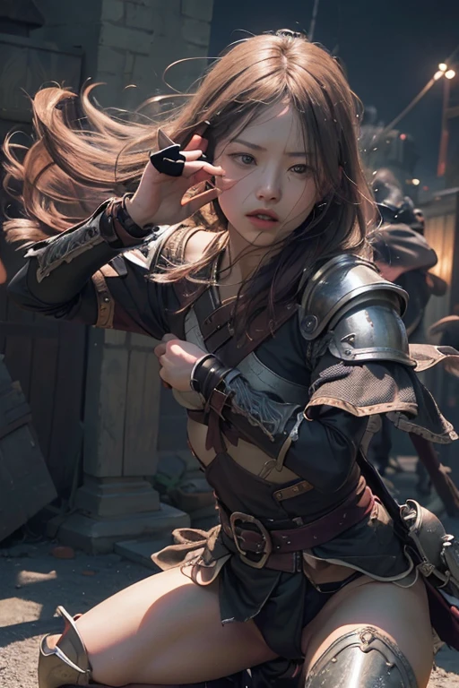 (Positive Focus)、(in the darkness nigth:1)、(beste-Qualit)、(Realisticity:1)、realistic skin textures、Extremely detailled、32k wall paper、volume illumination、Dynamic lighting、small amount of armor、armor on the shoulders、Waist protection、hand guard、veils、Ancient Japanese Wind、Escape Action、run、scape、Chased、 Waist dagger、Semi-crouched attack stance、blood stain、Clothes torn、ancient Japanese battlefield、Group of ancient soldiers chasing and killing、Flying arrows、bio、nights、dramatic compositions、sayaairie、((Flat Chest)),((A beautiful girl)),(Are thin),(professional lighting),(No underwear),