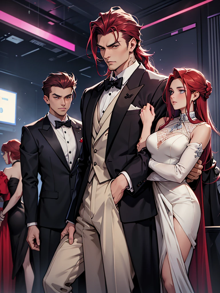 A guy and a girl are standing in a rich hall. The girl is wearing an elegant boiler dress, her purple long hair is styled beautifully, falling on her shoulders and flowing to her waist. A man in a tuxedo stands nearby, his red hair slicked back and gelled. This party is dangerous Mafia. The girl stands next to the guy, he protects her from everyone.