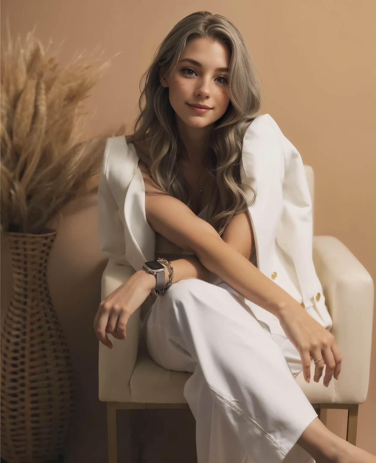 Face of a woman, americana, age 25, pale skin and freckles, grey-eyed, delicate nose, soft and delicate lips, Long Wavy Gray Blonde Hair, Sweet smile, cabelo solto e cheio