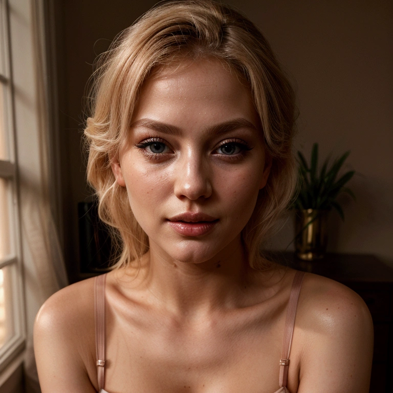 a beautiful blonde woman, sensual pose, moaning in pleasure, detailed face, long eyelashes, full lips, glowing skin, intricate lingerie, natural lighting, photorealistic, cinematic composition, muted warm color palette, masterpiece