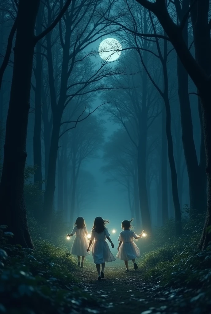 Its night in the forrest and the light of moon hiding in the woods, with tall trees, the photo has a wide range of scope from the scenery, a group of girls wearing traditional night gown running excitedly with their lights chasing each other, the shot looks like really far from them, as if they looks like small object, it looks quiet and magical, make it shot from their left side, and make it more far from them