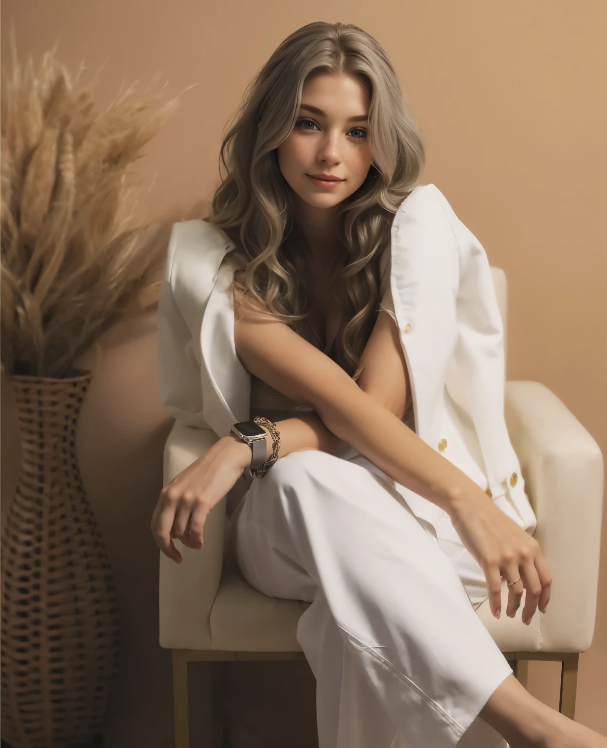 Face of a woman, americana, age 25, pale skin and freckles, grey-eyed, delicate nose, soft and delicate lips, Long Wavy Gray Blonde Hair, Sweet smile, cabelo solto e cheio