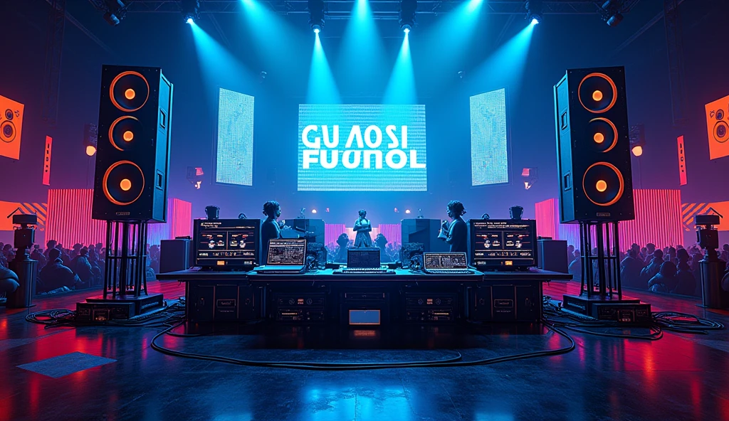 poster with large speakers and musical equipment in the background, neon blue color scheme, big text "OH NO I'AM PREGNANT FIRST" in the top left corner, large sound waves coming from speakers, black white yellow green orange purple pink red palette, in the style of photorealistic, in the style of hyper realistic. 30locent disco", background of huge speakers, keyboard and audio equipment in the foreground, neon lights, vector graphics, bright colors, neon blue light effect, musical theme, logo for DJ club "Girlz tasting techno". Vector illustration. A poster with a big sound system, dj music festival flyer or party flyer template design, in the style of ultra realistic photography