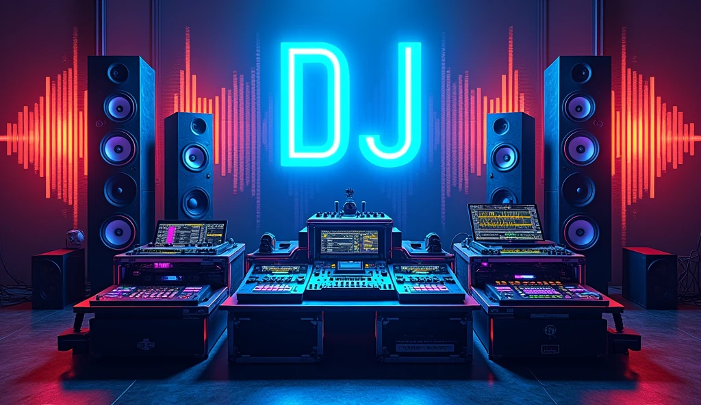 poster with large speakers and musical equipment in the background, neon blue color scheme, big text "OH NO I'AM PREGNANT FIRST" in the top left corner, large sound waves coming from speakers, black white yellow green orange purple pink red palette, in the style of photorealistic, in the style of hyper realistic. 30locent disco", background of huge speakers, keyboard and audio equipment in the foreground, neon lights, vector graphics, bright colors, neon blue light effect, musical theme, logo for DJ club "Girlz tasting techno". Vector illustration. A poster with a big sound system, dj music festival flyer or party flyer template design, in the style of ultra realistic photography