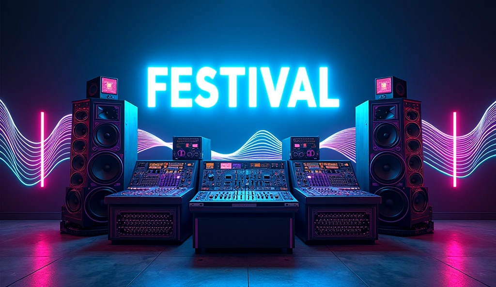 poster with large speakers and musical equipment in the background, neon blue color scheme, big text "OH NO I'AM PREGNANT FIRST" in the top left corner, large sound waves coming from speakers, black white yellow green orange purple pink red palette, in the style of photorealistic, in the style of hyper realistic. 30locent disco", background of huge speakers, keyboard and audio equipment in the foreground, neon lights, vector graphics, bright colors, neon blue light effect, musical theme, logo for DJ club "Girlz tasting techno". Vector illustration. A poster with a big sound system, dj music festival flyer or party flyer template design, in the style of ultra realistic photography