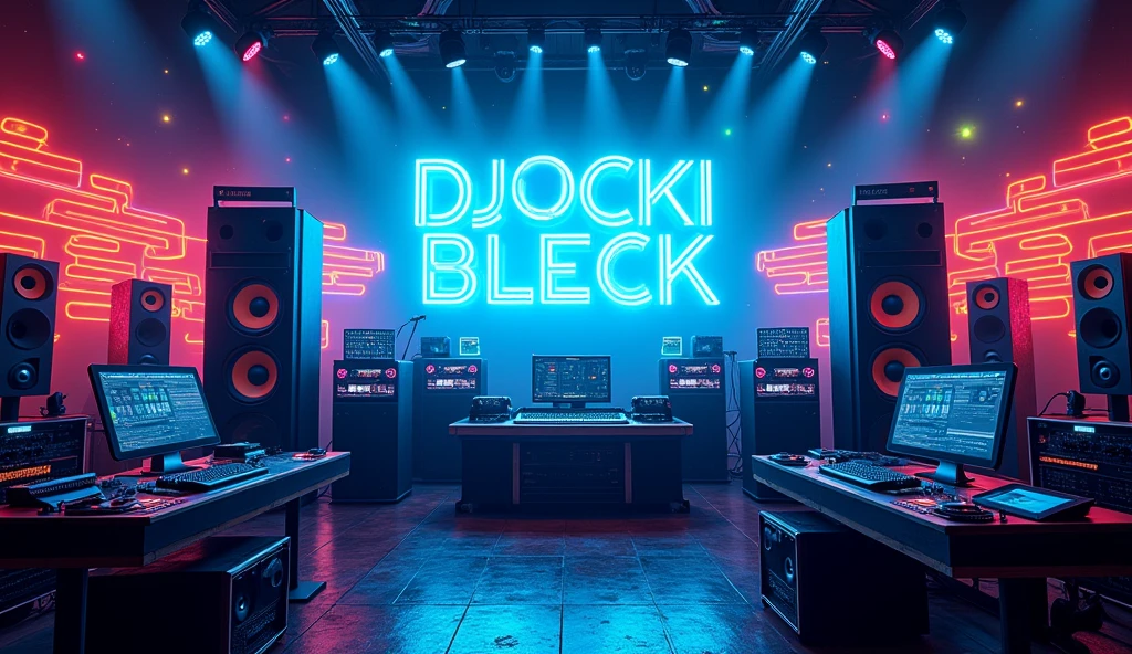 poster with large speakers and musical equipment in the background, neon blue color scheme, big text "OH NO I'AM PREGNANT FIRST" in the top left corner, large sound waves coming from speakers, black white yellow green orange purple pink red palette, in the style of photorealistic, in the style of hyper realistic. 30locent disco", background of huge speakers, keyboard and audio equipment in the foreground, neon lights, vector graphics, bright colors, neon blue light effect, musical theme, logo for DJ club "Girlz tasting techno". Vector illustration. A poster with a big sound system, dj music festival flyer or flyer template design, in the style of ultra realistic photography