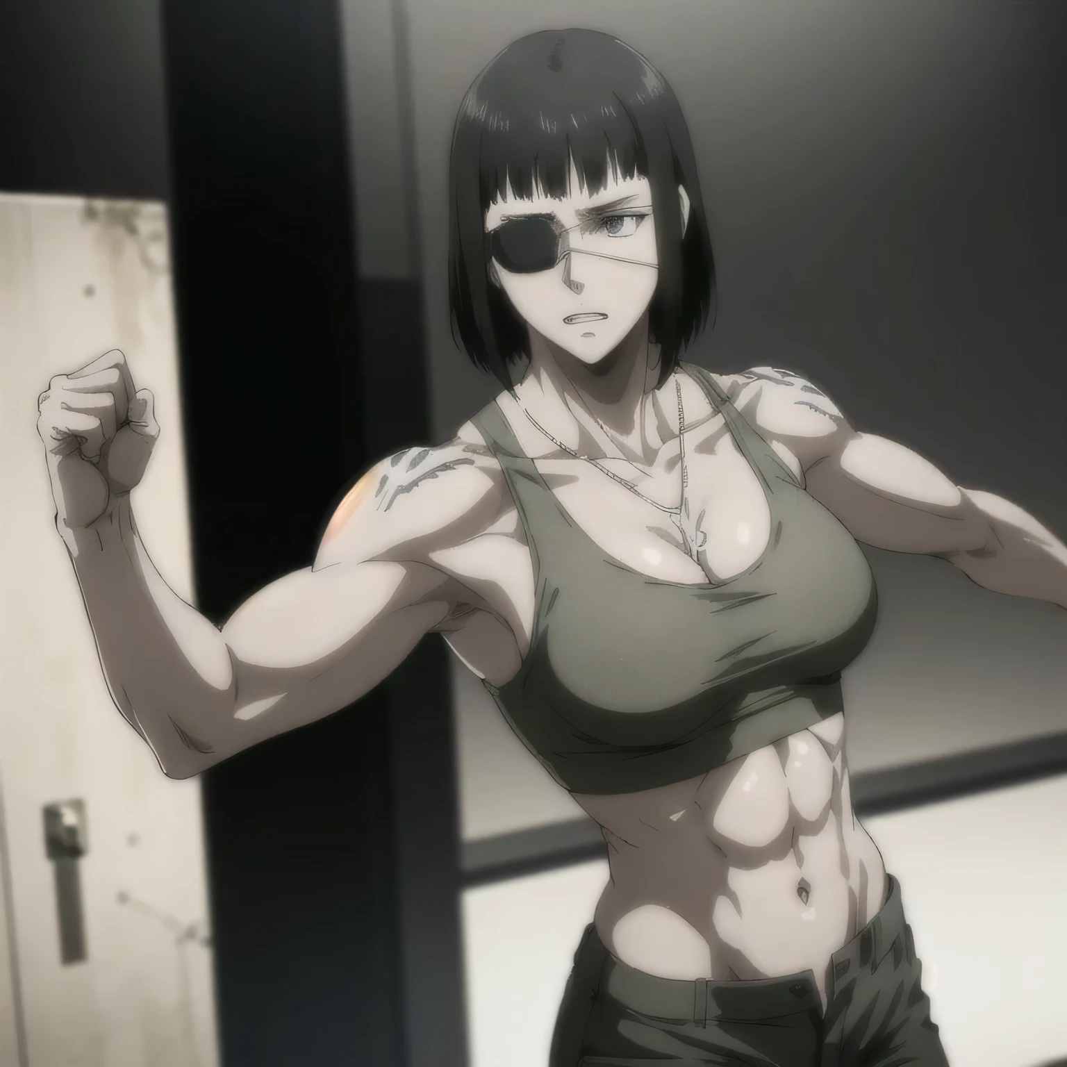 (best quality,ultra-detailed,realistic:1.37),musclaur badass girl with sculpted body have a tattoos wearing white sport tank top and white combat trousers Camouflage, full review of the female character face and body, intense expression, strong and confident posture, studio lighting, vivid colors, physiologically-based rendering, grungy texture, rugged background, dust particles in the air, commanding presence, professional, powerful, gritty aesthetics,,Valmet،short hair,necklace,six-pack,eyepatch,(solo girl),fixing glitchs,Valmet, in base training,six-pack,Shining muscles,matching remix,training pose standing