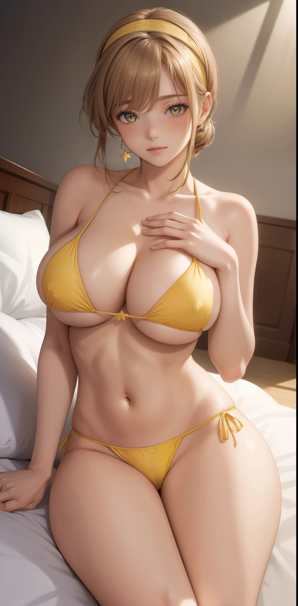 (masterpiece, best quality, high resolution: 1.4), 1girl, woman, butterfly star,headband, Big breasts, covering with hand, yellow bikini, micro bikini, topless, embarrassed,yoga in bed, ashamed,