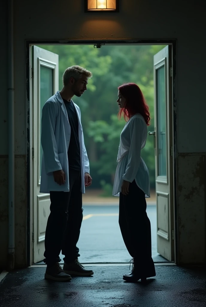 216 cm tall, 33-year-old man with short platinum blond wavy swept-back hair, dark skin, Arabic-Egyptian features, wearing a white lab coat over a black t-shirt and black cargo pants, looking down with a gentle expression and holding open a a door of a double doorway of a compound for a very much shorter 24-year-old woman, with vibrant maroon side-parted medium-length wavy hair, very pale skin, wearing a white flowy top and low-rise black pants, standing outside in a parking lot forest the facility near the doorway. Hip-shot, dark lighting, nighttime, photorealistic, cinematic.