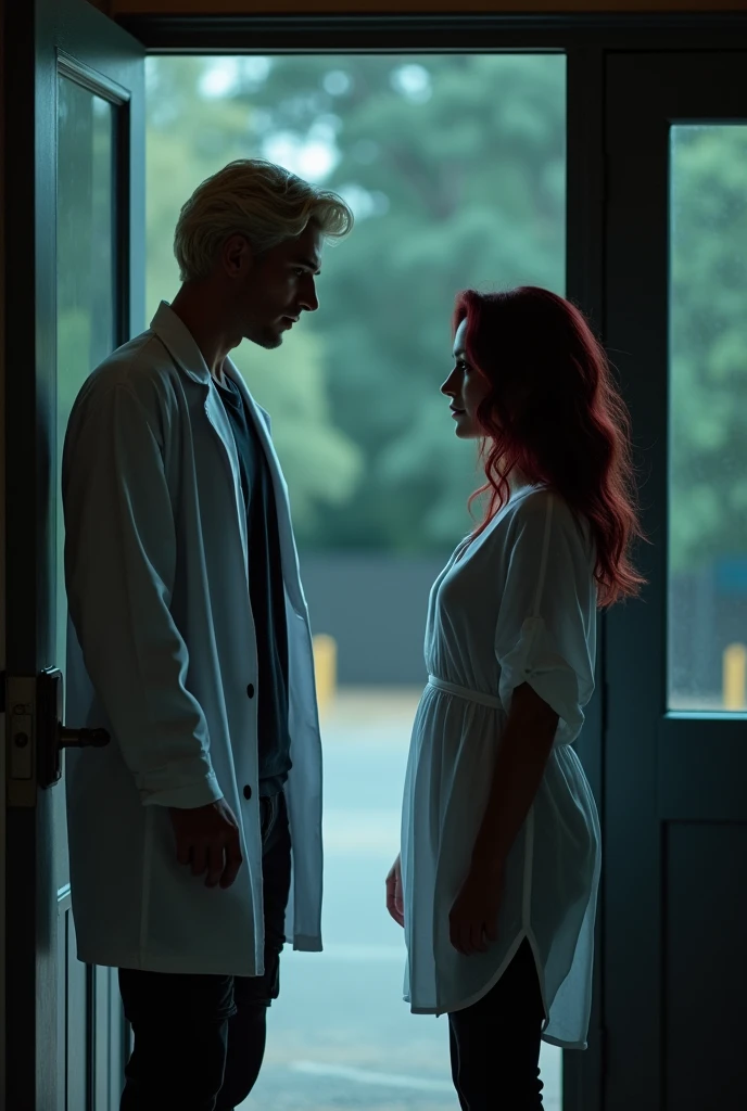 216 cm tall, 33-year-old man with short platinum blond wavy swept-back hair, dark skin, Arabic-Egyptian features, wearing a white lab coat over a black t-shirt and black cargo pants, looking down with a gentle expression and holding open a a door of a double doorway of a compound for a very much shorter 24-year-old woman, with vibrant maroon side-parted medium-length wavy hair, very pale skin, wearing a white flowy top and low-rise black pants, standing outside in a parking lot forest the facility near the doorway. Hip-shot, dark lighting, nighttime, photorealistic, cinematic.